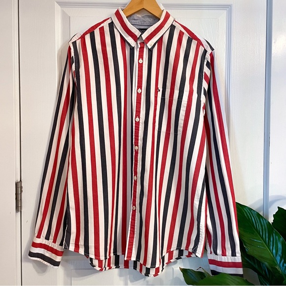 Tommy Hilfiger Slim Fit Striped Oxford Dress Shirt Men’s Large - Picture 1 of 15